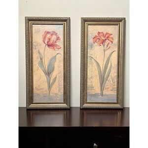 Pamela Gladding Floral Wall Art Pair Textured Embellished Print Framed 11x23
